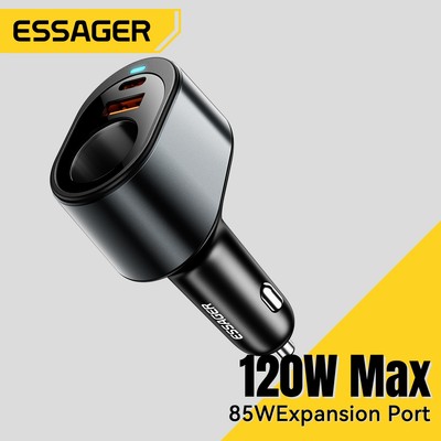 Essager 120W Nóng Bật Lửa + Sạc Xe Hơi USB Type-C Hai Cổng Sạc Nhanh Cho iP Huawei