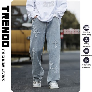 『Trendo』quần jean nam CẠP CAO ống suông rộng, quần bò ống rộng nam chữ thập vải jeans bò xanh wide leg Unisex nam nữ quần baggy nam ngầu hoạ tiết quần hiphop boy phố