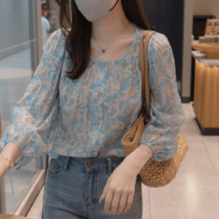 Nữ Phong Cách Mới In Hoa Tay Phồng Áo Sơ Mi Voan Mùa Hè Thường Ngày Rời Cổ Tròn Áo Sơ Mi Tay Dài Phù Hợp Với Cổ Hàng Đầu Thời Trang Quần Áo Nữ
