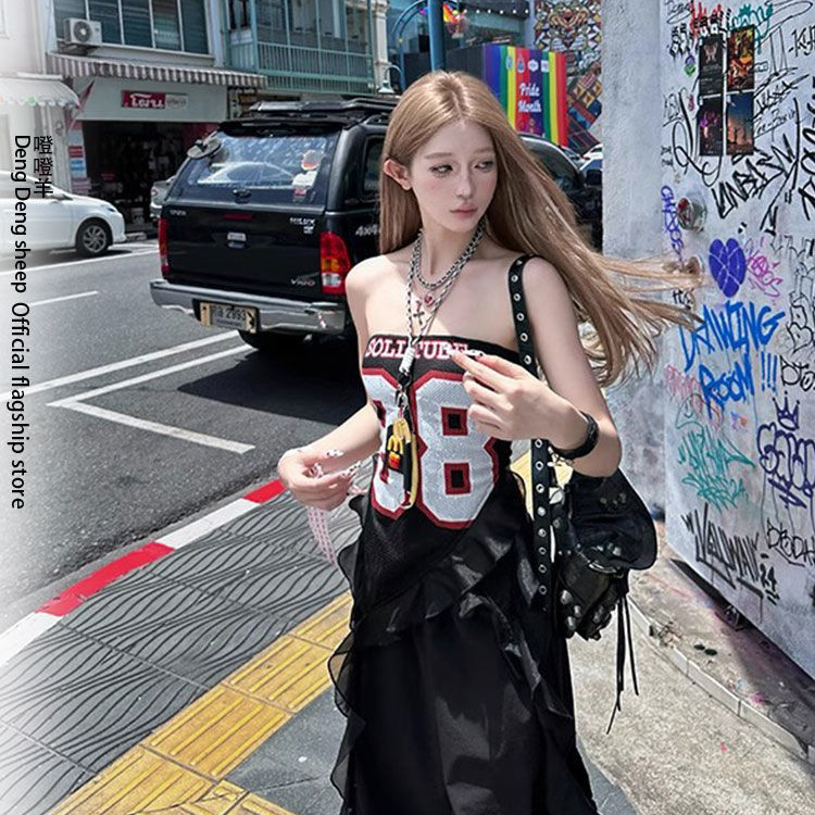 Mỹ Hot Girl Ribbon Mùa Hè Không Đều Top Nữ Slim-fit Slimmer Look Halter Tube Top