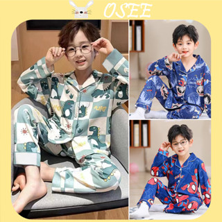 [Osee] 90-170cm, Bộ đồ ngủ gia đình cha và con trai Đồ ngủ trẻ em Ve áo Homewear Bộ đồ ngủ cotton cho nam giới Trung và Lớn Trẻ em Hoạt hình dài tay Bộ đồ ngủ Cardigan mỏng