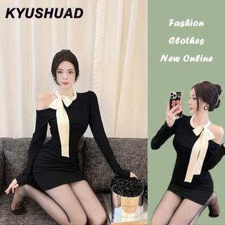Kyushuad Váy bé gái phiên bản Hàn Quốc cổ nơ rỗng đế nhung dài tay có váy ngắn bên trong váy ôm hông