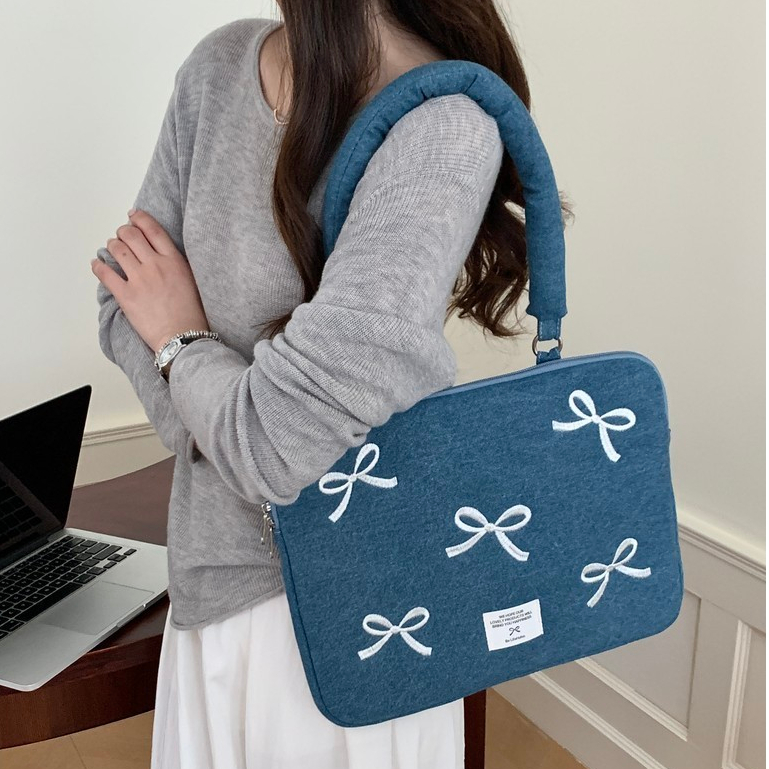 Túi Đựng Laptop Ins Thời Trang Hàn Quốc Denim Trái Tim Tình Yêu Thắt Nơ Một Vai Máy Tính Bảng Chống Sốc PC Lót Gói Thích Hợp Cho 13.3 13,6 14.1 15.6 Inch