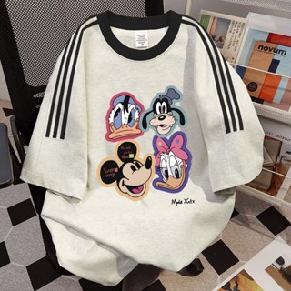 Thời Trang Hợp Thời Trang Hoạt Hình Dễ Thương Disney Áo Thun Nữ Oversize Ba Sọc Xám Tay Ngắn