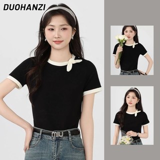 Áo thun nữ DUOHANZI Mùa hè mới ngắn nguyên chất cotton mỏng vừa vặn đơn giản thiết kế đa năng đi lại hàng đầu