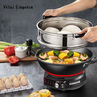 Vital Elegance Lẩu điện đa năng, chảo điện, Lẩu điện gia dụng, nồi nấu điện, hấp, nồi hầm, chảo điện tích hợp