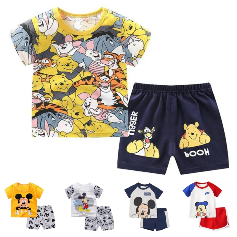 2 Cái / bộ Mickey Bé Mùa Hè Quần Áo Trẻ Em Phù Hợp Với Tay Ngắn Bé Gái Bé Trai Áo Thun + Quần Short Trang Phục Disney 1-4 Tuổi