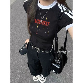 Ethelgirl Thời trang Hàn Quốc ba sọc đen hoạt hình in hình áo thun ngắn tay mỏng quần áo nữ