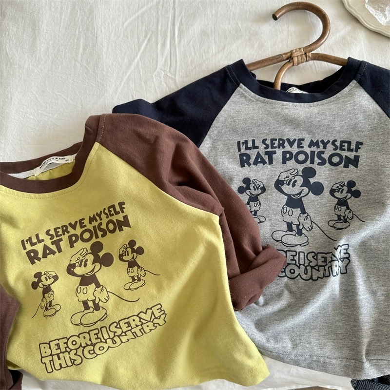 Áo thun trẻ em cotton nguyên chất dài tay hàng đầu 2024 áo sơ mi đa năng Mickey dễ thương dành cho bé trai và bé gái cỡ vừa xuân thu