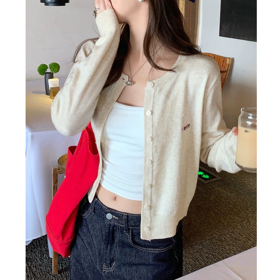 YAYUAN Dài tay đan cardigan vòng cổ màu mơ | BigBuy360 - bigbuy360.vn