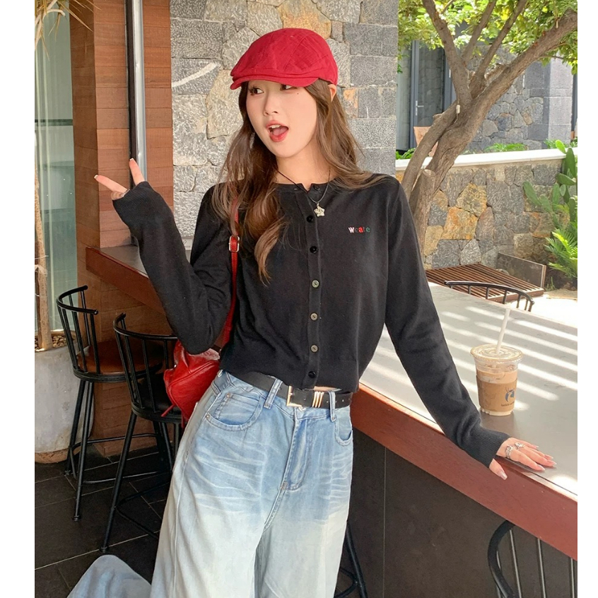 YAYUAN Dài tay đan cardigan vòng cổ màu mơ | BigBuy360 - bigbuy360.vn
