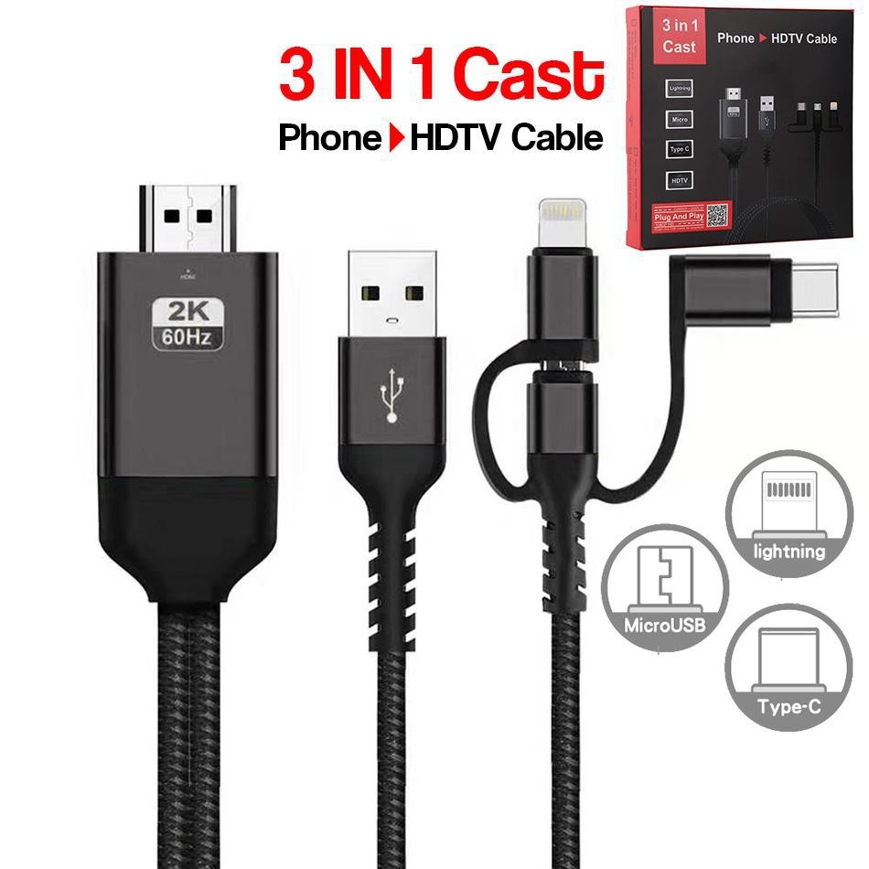 Cáp điện thoại 3 trong 1 sang HDMI, Màn hình điện thoại di động phản chiếu sang TV, Độ phân giải 108