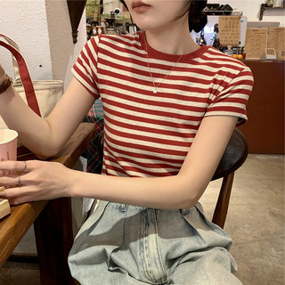 Suxi Retro Sọc Mùa Hè Mới Đơn Giản Cổ Tròn Áo Thun Nữ Tay Ngắn 240513
