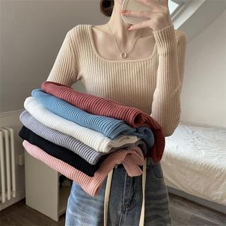 Áo sơ mi dệt kim dài tay cổ vuông cơ bản nội thất Hàn Quốc