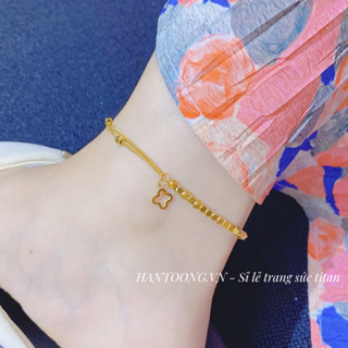 Lắc chân nữ bằng titan không gỉ mạ vàng 18k hình cỏ 4 lá may mắn xinh xắn thời trang thanh lịch
