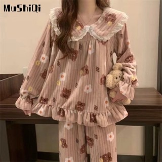Mushiqi Bộ Đồ Ngủ Tay Dài Chất Nỉ Phối Lông Cừu San Hô Dày Dặn Thời Trang Mùa Đông Xinh Xắn Cho Nữ