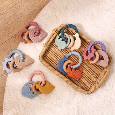 Vòng Gỗ Cho Bé Miếng Dán Vòng Tay Sơ Sinh Lục Lạc Cho Bé Thực Phẩm Silicone BPA Free Sản Phẩm Chăm Sóc Răng Miệng Cho Bé