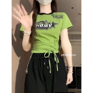 Ethelgirl Áo thun ngắn tay cổ tròn in chữ xanh thời trang Hàn Quốc dành cho quần áo nữ