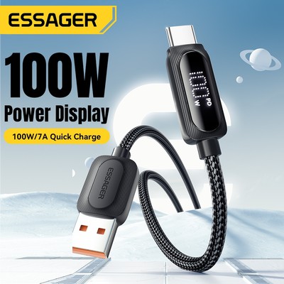 Essager 7A 100W USB-A sang Type-C Cáp dữ liệu hiển thị kỹ thuật số Cáp sạc phù hợp với Velcro