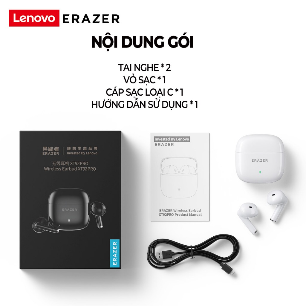 Lenovo ERAZER XT92 Tai nghe bluetooth Tai nghe không dây Bluetooth 5.4 HD Stereo Giảm tiếng ồn thông minh Cảm ứng chống nước có Mic | BigBuy360 - bigbuy360.vn