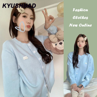 Kyushuad Áo len bé gái màu xanh nhạt dài tay mùa thu mới phong cách nhẹ nhàng sữa mềm mại và rộng áo len cardigan ngắn