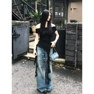 QADCOL Áo ngắn tay lệch vai mùa hè dành cho nữ có thiết kế xù xì