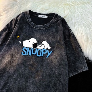 Hàn Quốc cổ tròn 100% COTTON hoạt hình dễ thương ngủ gật lỗi họa tiết Snoopy Áo thun nữ oversize GIẶT ĐEN áo ngắn tay