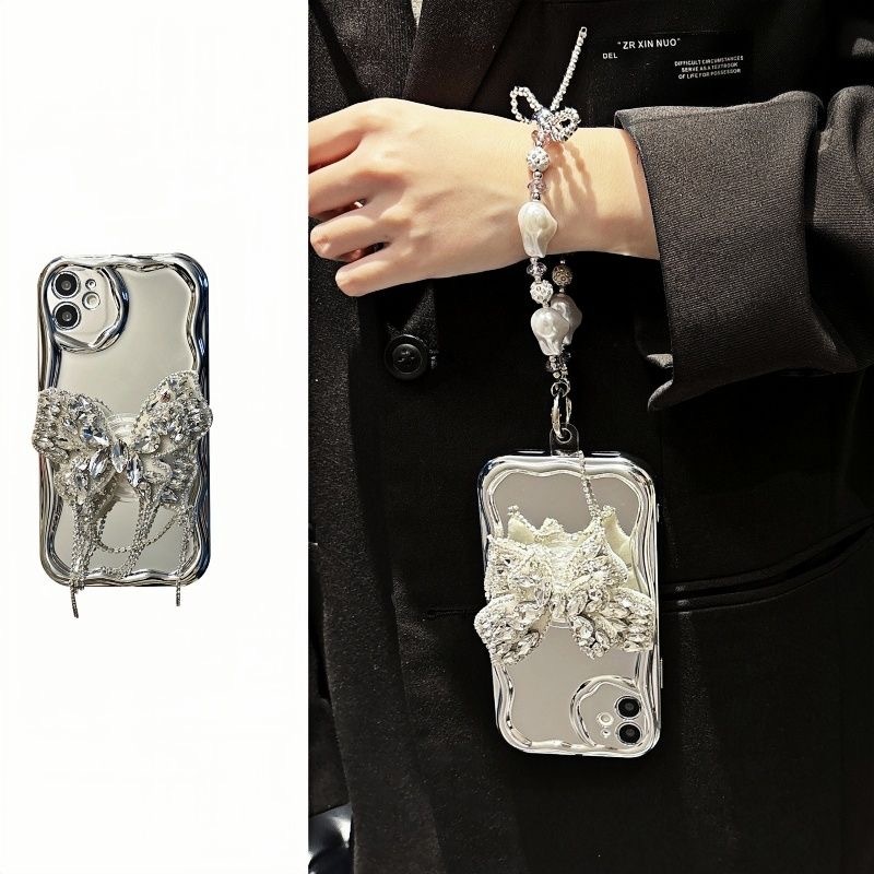 Mạ bạc đính kim cương giả có vỏ vòng tay hạt cho Iphone 16 15 14pro Max Bột lấp lánh phong cách mới 13 pro Max 11 12pro Max xsmax xr xs 7 8 plus vỏ điện thoại đẹp