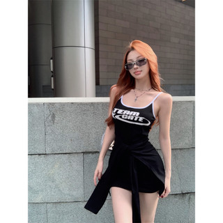 Black vn Thời trang mùa hè In chữ lệch vai Váy Mini gợi cảm