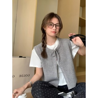 Porozi Áo len vest tối giản xếp chồng lên nhau Áo vest dệt kim màu xám dành cho nữ