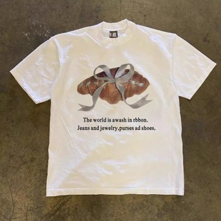 Áo thun phong cách đường phố cao cấp Mỹ 100% cotton nguyên chất tay ngắn nữ croissant oversized top