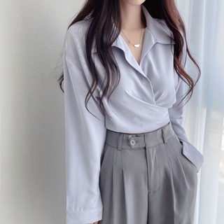 Áo Sơ Mi Nữ Tính Khí Thắt Lưng Thắt Nơ Eo Mỏng Sang Trọng Màu Trơn Ve Áo Voan Dài Tay Áo Sơ Mi