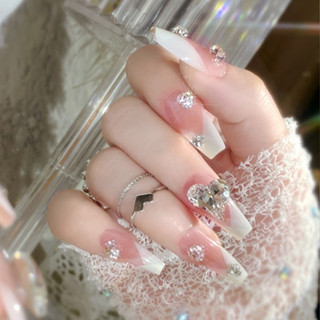 Bộ 24 móng tay giả ngắn trang trí nơ và trái tim dễ thương dành cho nữ