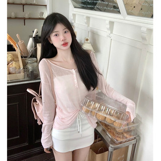 Cocorygirl Thời trang nữ Hàn Quốc cổ tròn màu hồng dây đeo áo thun dài tay hàng đầu
