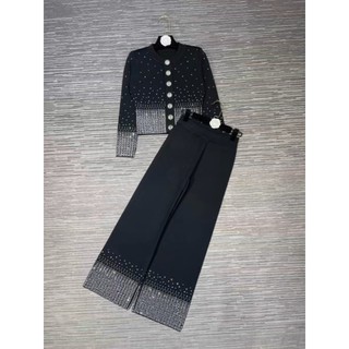 Công nghiệp nặng Quần dệt kim đính kim cương Quần ống rộng Bộ đồ mùa thu đông 2024 Thiết kế phong cách mới Cao cấp Phong cách phương Tây Ôm hơn Nhìn mồ hôi