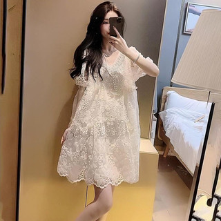 8v1 Phiên Bản Hàn Quốc Công Nghiệp Nặng Đính Hạt Ren Cổ Chữ V Puff Váy Ngắn Tay Nữ Mùa Hè Sản Phẩm Mới