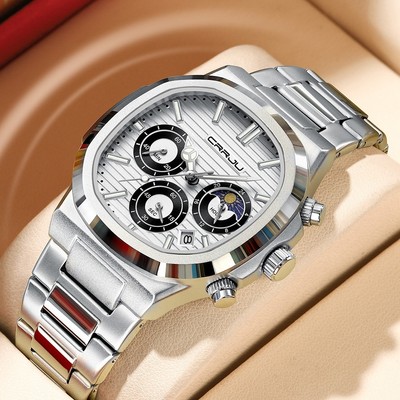 Đồng hồ nam CRRJU mới Thương hiệu chính hãng Hàng đầu Thép không gỉ sang trọng Chronograph Mặt vuông phát sáng Thời trang Kinh doanh Thể thao Thạch anh chống nước 2309 X
