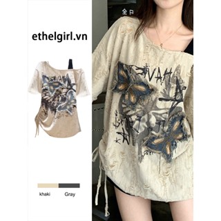 Ethelgirl Hàn Quốc retro bướm miếng dán dáng rộng lệch vai áo thun ngắn tay hàng đầu quần áo nữ