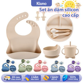  【2H Vận Chuyển Set ăn dặm silicon cao cấp khay ăn dặm cho bé khay 4 ngăn tai gấu có đế hít chống đổ Dollar Minho 