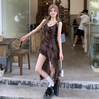 74831 Váy ngắn tay xù không đều cổ chữ V