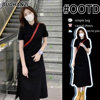 DUOHANZI Váy nữ Váy polo đen cao cấp kiểu Pháp mùa hè váy dài mỏng mới