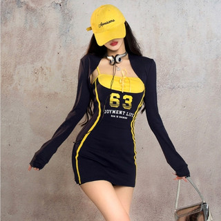 Phong Cách Mỹ Đường Phố Hợp Thời Trang Gợi Cảm Skinny Đầm Nữ Slim-fit Hẹp Co Giãn Chữ In Hình Mông Cổ Tròn Dài Tay Đầm
