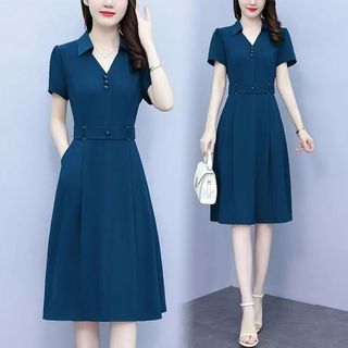 Váy đơn giản trơn thanh lịch mùa hè tay ngắn cỡ lớn dành cho nữ Váy công sở hàng ngày