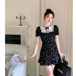 76768 Ren Khâu Hoa Tay Phồng Eo Ngắn Đầm Tay Ngắn