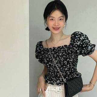Pháp Cổ Vuông Tay Phồng Tay Ngắn Hoa Áo Nữ Mùa Hè Mỏng Co Giãn Thiết Kế Sense Crop Top