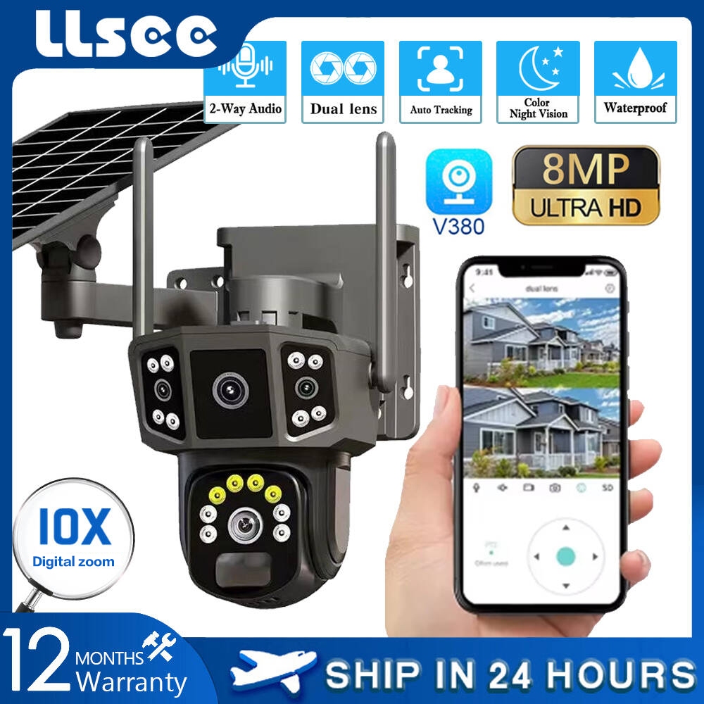 LLSEE V380 4K 8MP 2 Mắt Năng Lượng Mặt Trời Ngoài Trời CCTV Không Dây WIFI Theo Dõi Chuyển Động Không Thấm Nước 360 Độ Trang Chủ IP Camera Màu Tầm Nhìn Ban Đêm PTZ Xoay Hai Chiều Gọi