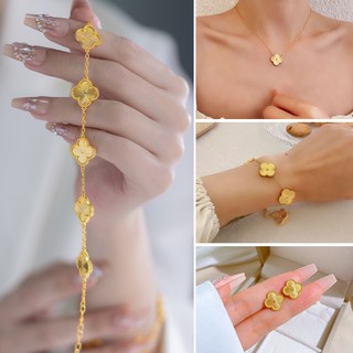 Bộ trang sức cỏ ba lá đơn giản khí chất, cỏ ba lá ba lá phong cách Hàn Quốc laser 18K thép titan hoa mận thời trang vòng cổ đa năng, vòng tay cổ điển phai màu 316non