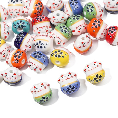 2 Chiếc 14 Mm Handmade Sơn Gốm Mèo Dễ Thương Mèo May Mắn Quyến Rũ Cho Vòng Tay DIY Trang Sức Thủ Công Làm
