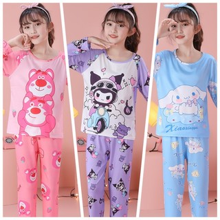 Bộ đồ ngủ dài tay cổ tròn dễ thương in họa tiết hoạt hình cho trẻ em gái