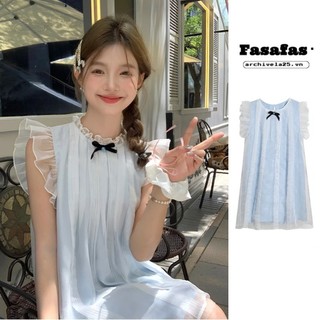 Váy nữ Fasafas có tay bay và nơ, Nhật Bản và Hàn Quốc, dáng rộng, ngọt ngào và dễ thương